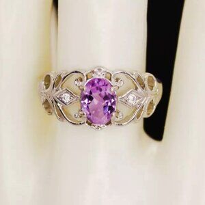 925 Sterling Silver Amethyst & CZ Vintage Scrolled Openwork Ring Signed RJ